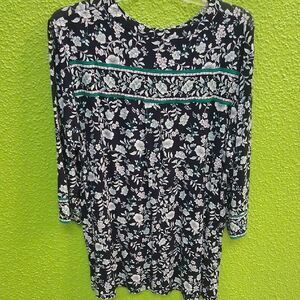 J. Jill Black Floral Blouse with Green Trim